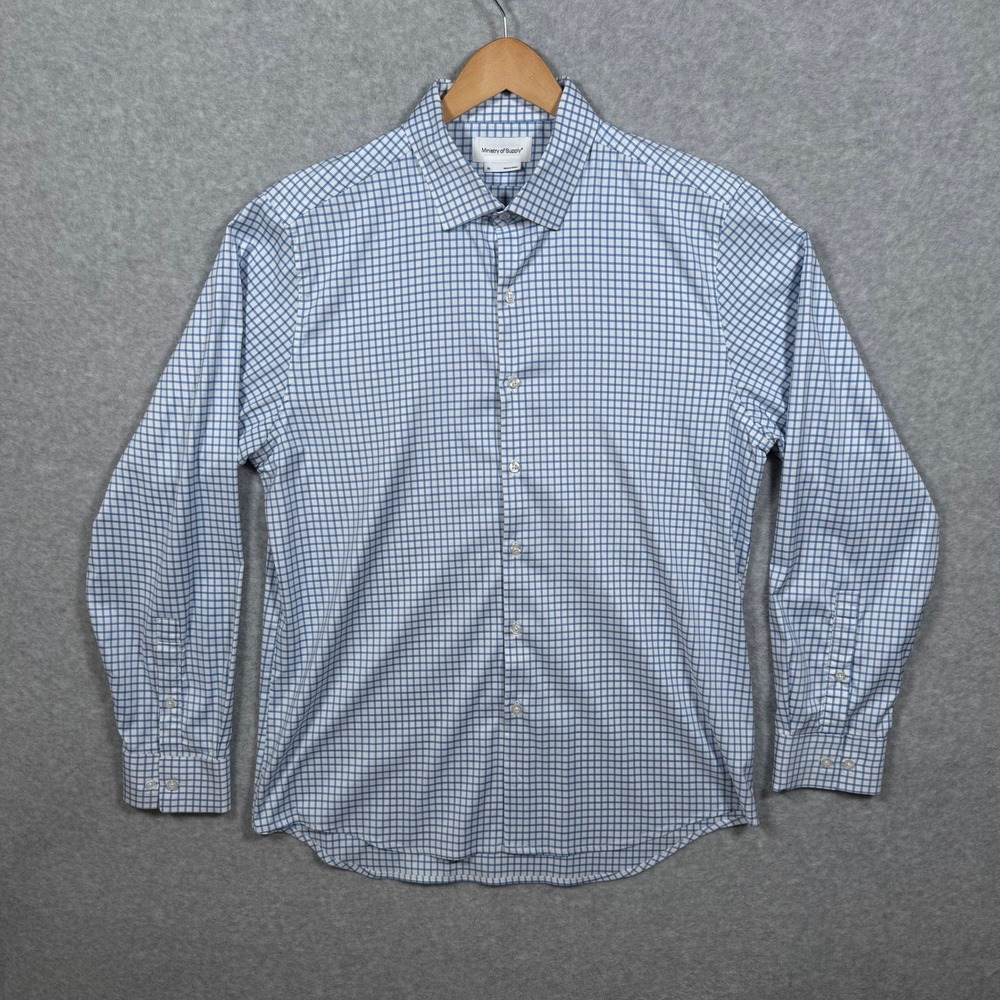 Ministry of Supply Apollo Shirt Mens XL Blue White Grid Performance Button Down